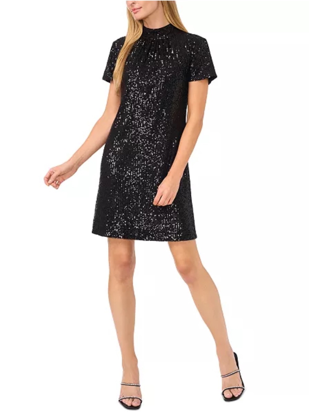 CeCe Black Sequin Mock-Neck Short Sleeve Mini Dress